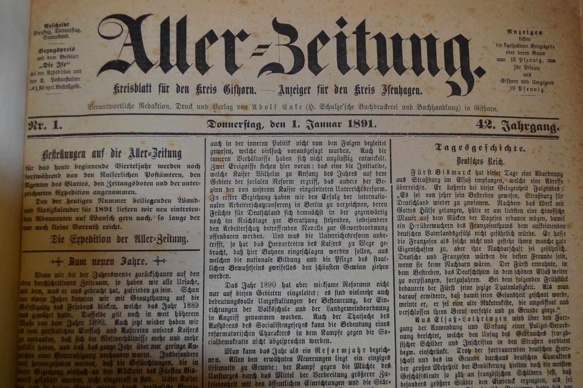 (c) Stadtarchiv, Aller-Zeitung 1.1.1891