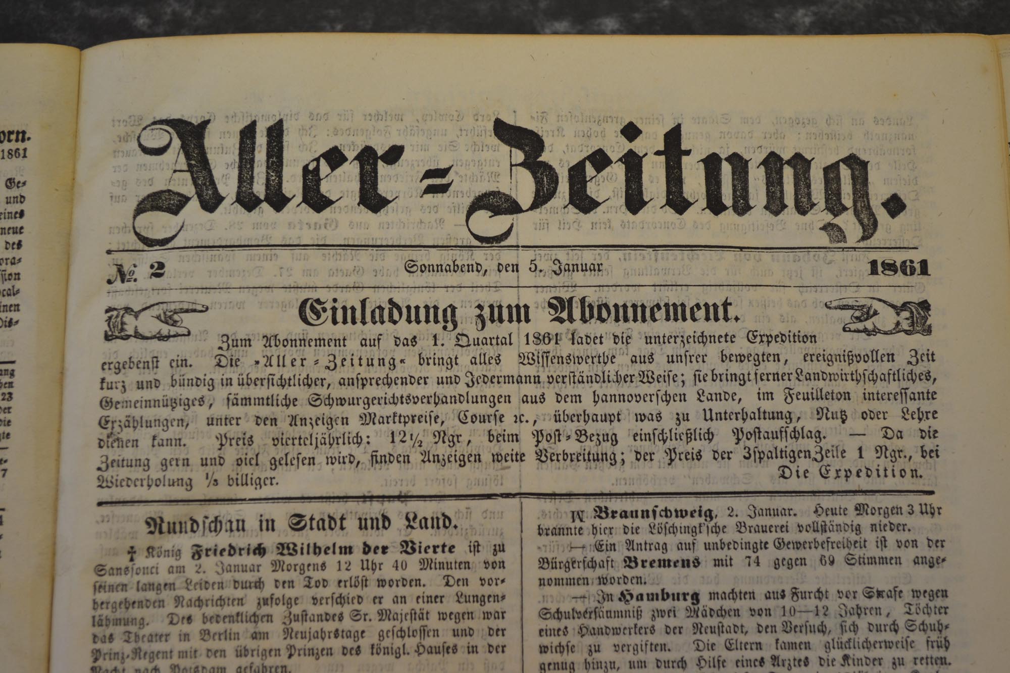(c) Stadtarchiv, Aller-Zeitung 5.1.1861